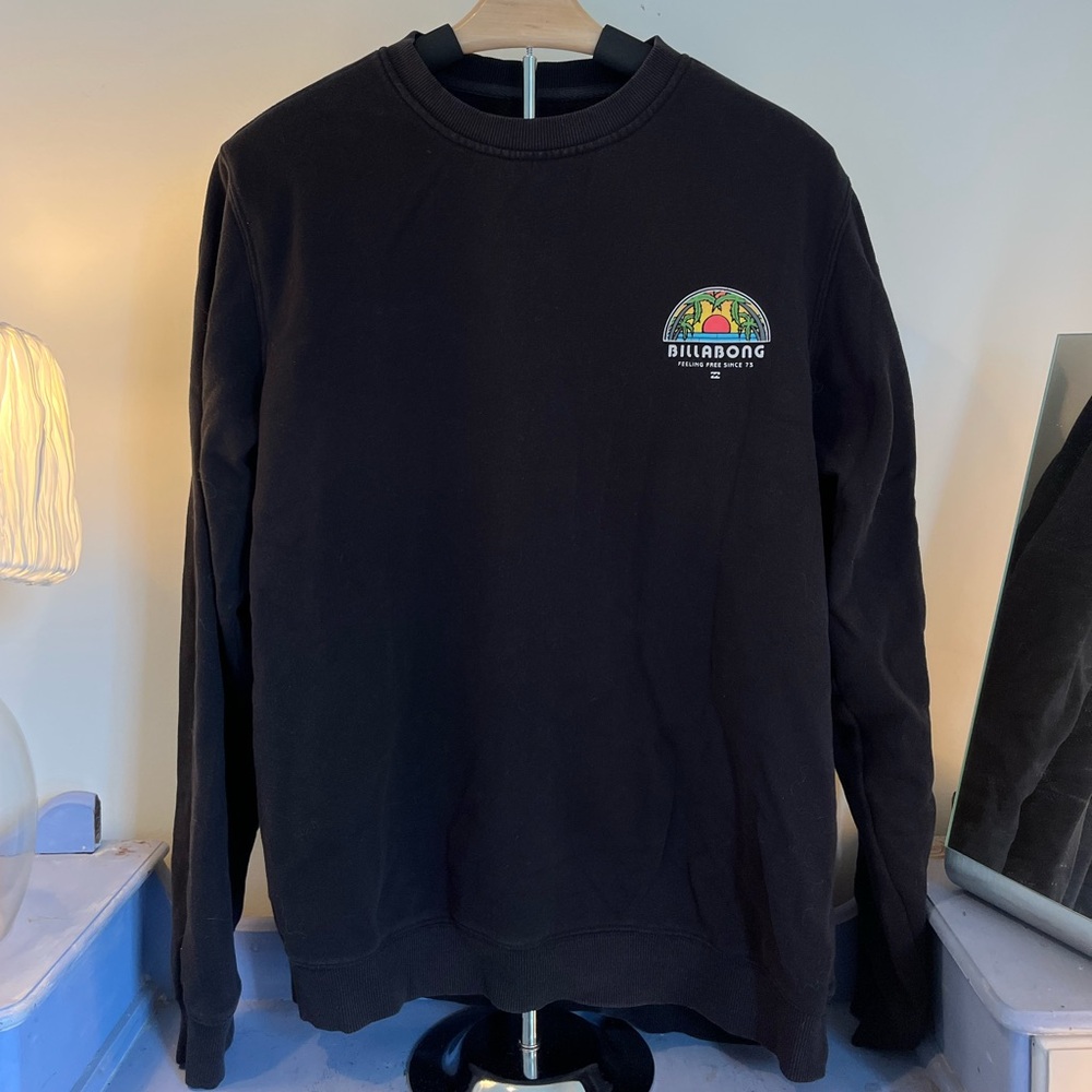 Large Men’s Billabong Black Crewneck Sweater with Colorful Patch Skate Surf Y2K